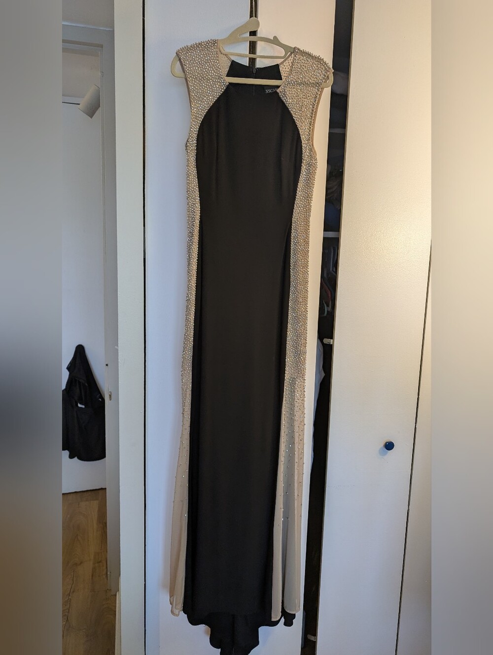 Xscape Womens Black/Beige Caviar Beaded Illusion Gown Dress